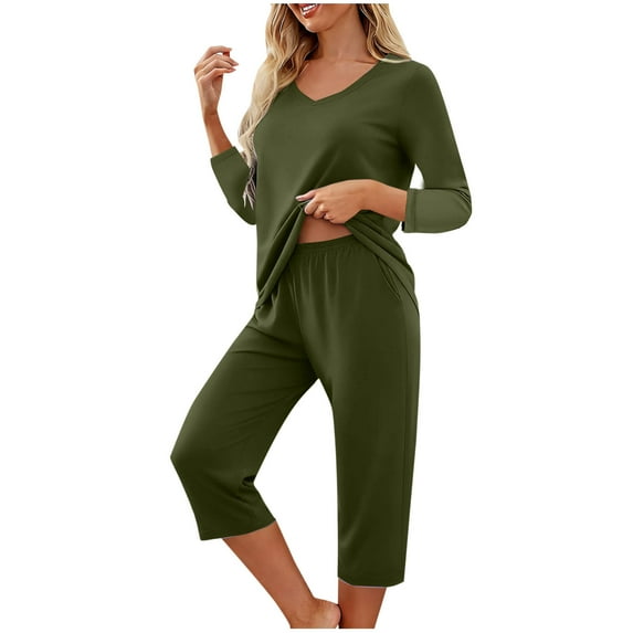 Generic Womens Pajama Set 3/4 Sleeve V Neck Top Pjs 2 Piece Loungewear Solid Color Soft Fall Sleepwear with Capri Pants