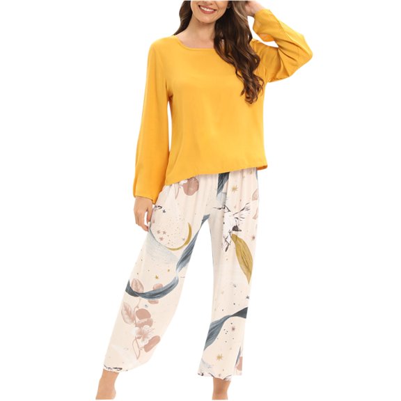Generic Womens Pajamas Set Print Long Sleeve Sleepwear Tops with Capri Pants Pjs Lounge Set