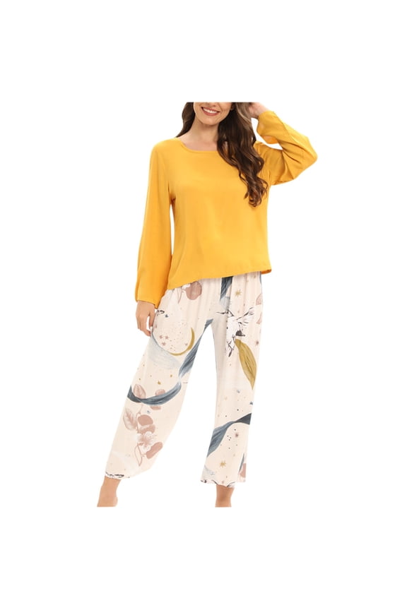 Womens Pajamas Set Print Long Sleeve Sleepwear Tops with Capri Pants Pjs Lounge Set