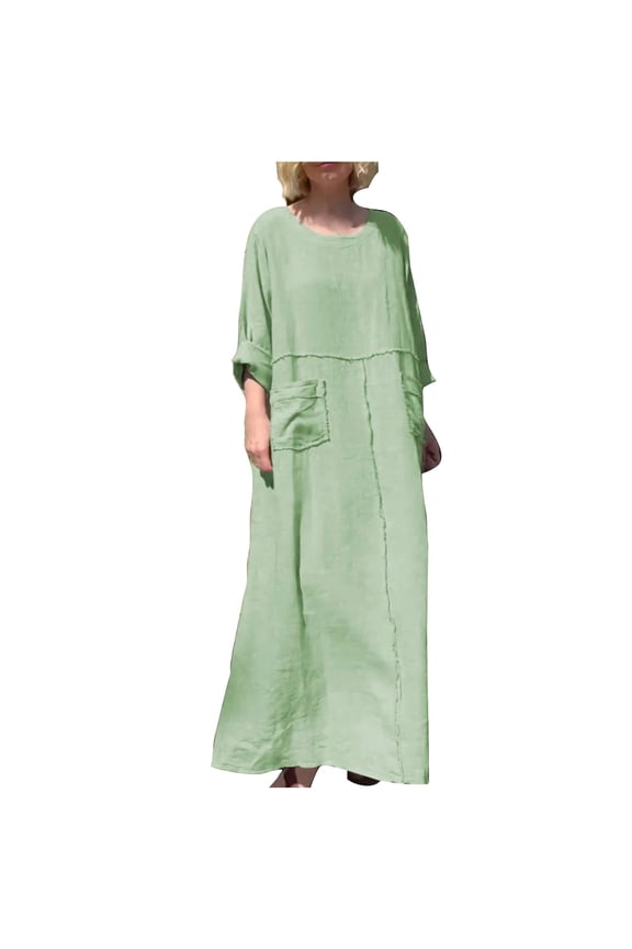 Womens Plus Size Cotton Dress Crew Neck Long Sleeve Maxi Dresses with Pockets Summer Fashion Solid Color Casual Dresses