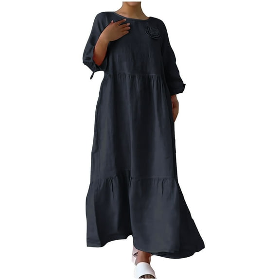 Generic Womens Plus Size Cotton Dress Crew Neck Long Sleeve Maxi Dresses with Pockets Summer Fashion Solid Color Casual Dresses