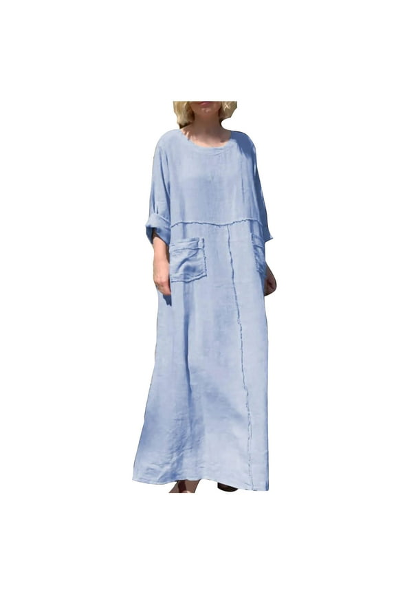Womens Plus Size Cotton Dress Crew Neck Long Sleeve Maxi Dresses with Pockets Summer Fashion Solid Color Casual Dresses