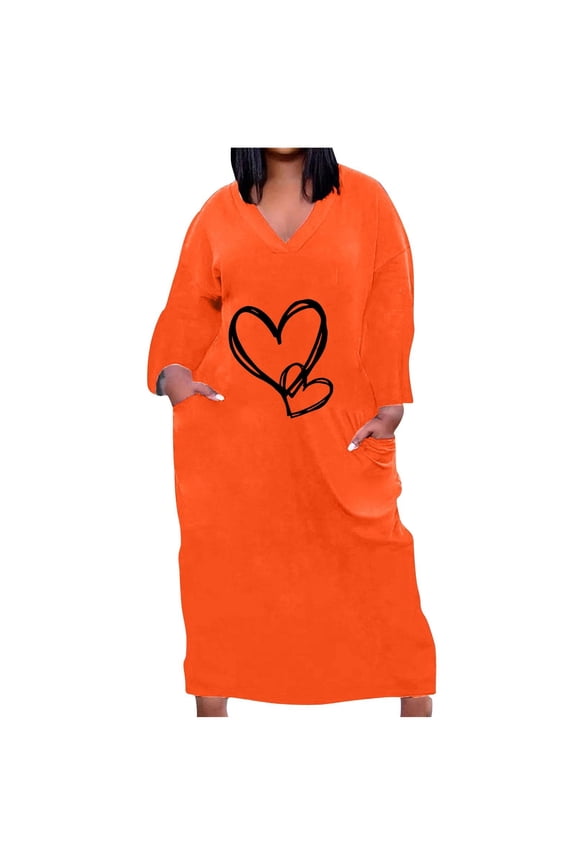 Womens Plus Size Curvy Dresses Long Sleeve Heart Print Graphic Tee Shirts Dress Casual Loose Maxi Long Tshirt Dress