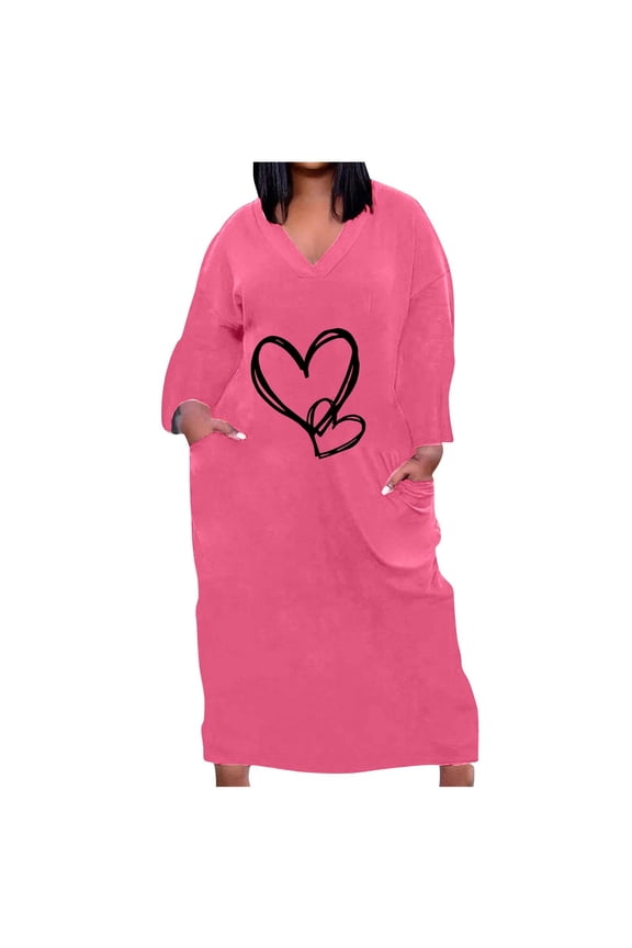 Womens Plus Size Curvy Dresses Long Sleeve Heart Print Graphic Tee Shirts Dress Casual Loose Maxi Long Tshirt Dress
