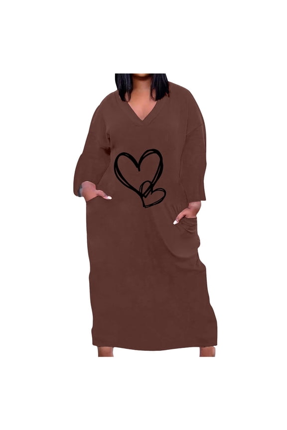Womens Plus Size Curvy Dresses Long Sleeve Heart Print Graphic Tee Shirts Dress Casual Loose Maxi Long Tshirt Dress