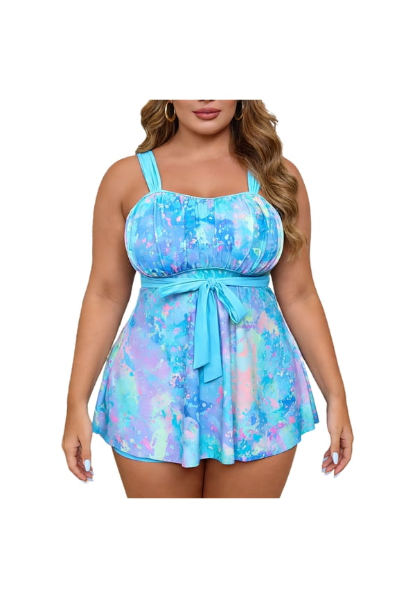 Womens Plus Size One Piece Swim Dress Fashion Ruffle Bow Swimsuit Tummy Control Bathing Suit Swim Suits Summer