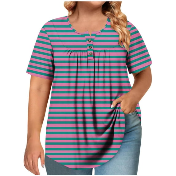 Generic Womens Plus Size Shirts Short Sleeve Square Neck Striped Button Down Pleated T-shirt Summer Casual Beach Blouses