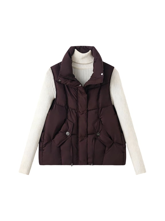 Womens Quilted Puffer Vest Padded Sleeveless Stand Collar Jackets Winter Solid Zip Up Jacket Warm Outerwear