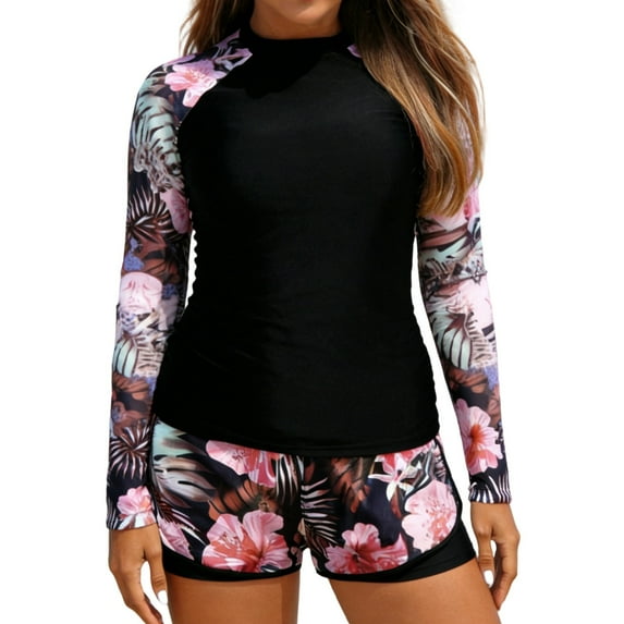 Generic Womens Rash Guard Bathing Suit Crewneck Long Sleeve Quick Dry Swimsuits with Shorts UV UPF 50+ Swim Shirt