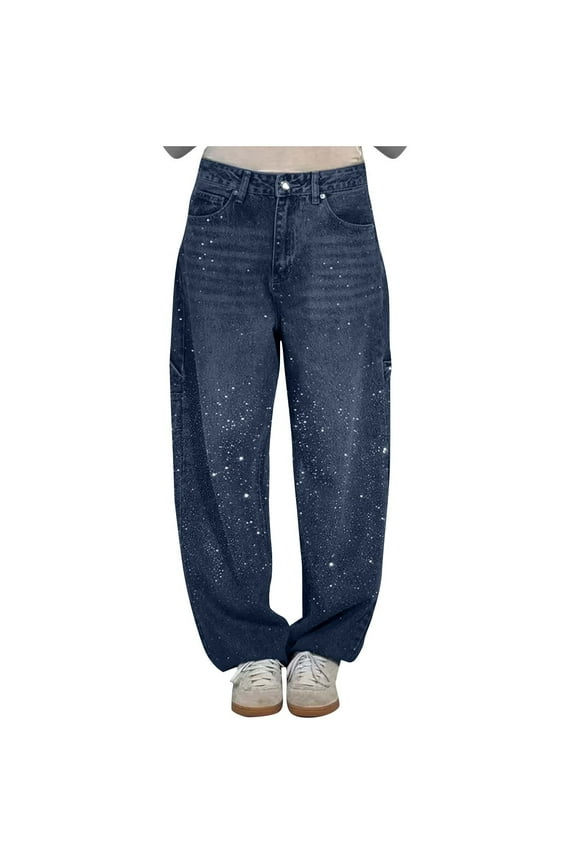 Womens Rhinestone Rhinestone Jeans Baggy Wide Leg Pants High Waisted Washed Distressed Straight Leg Denim Pants