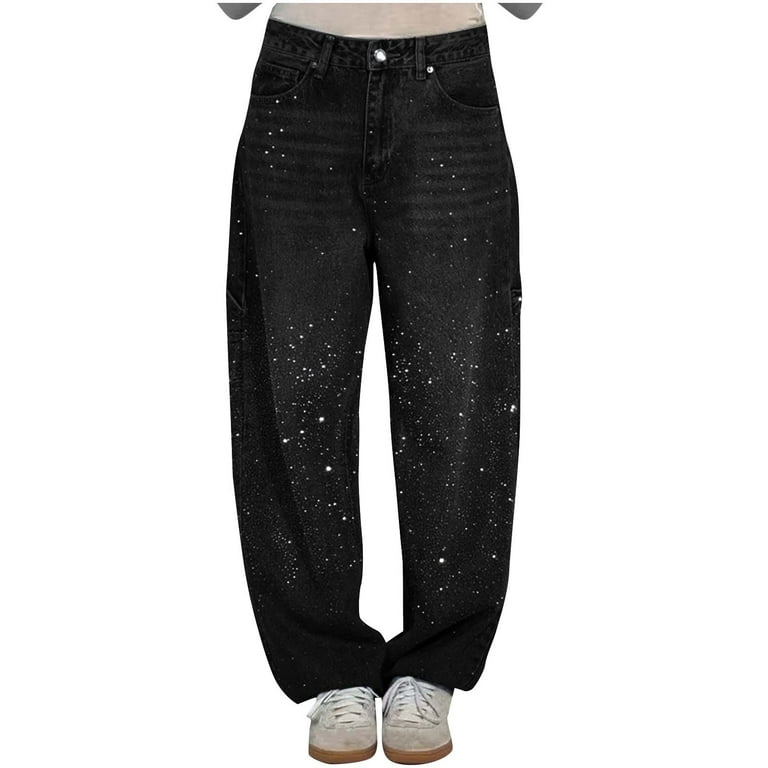 Generic Womens Rhinestone Rhinestone Jeans Baggy Wide Leg Pants