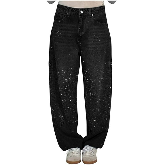 Generic Womens Rhinestone Rhinestone Jeans Baggy Wide Leg Pants High Waisted Washed Distressed Straight Leg Denim Pants