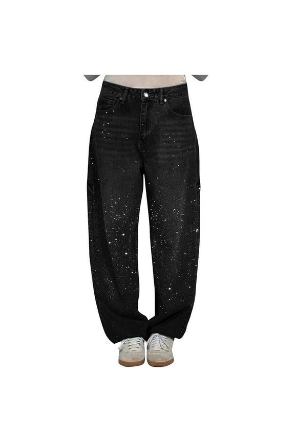 Womens Rhinestone Rhinestone Jeans Baggy Wide Leg Pants High Waisted Washed Distressed Straight Leg Denim Pants