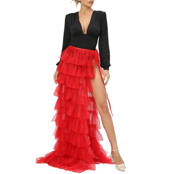 Generic Womens See-Through Tulle Skirts Mesh Ruffle Layered Long Sleeve Y2k High Low Cocktail Prom Party Skirt