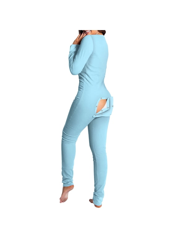 Womens Sexy Butt Flap Pjs Jumpsuit Button Deep V Neck Onesie Pajamas Comfy Soft One Piece Bodysuit