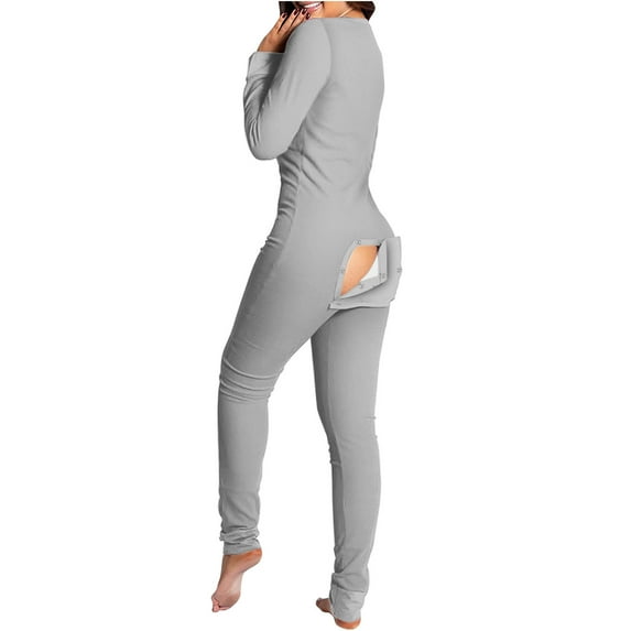 Generic Womens Sexy Butt Flap Pjs Jumpsuit Button Deep V Neck Onesie Pajamas Comfy Soft One Piece Bodysuit