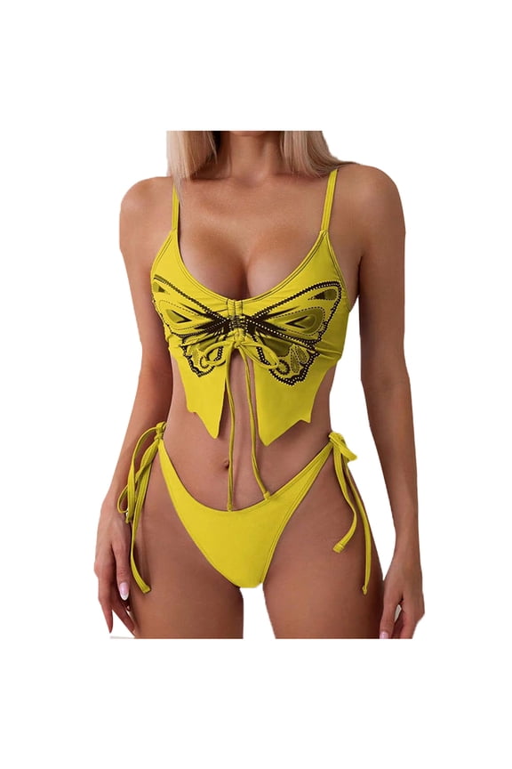 Womens Sexy Butterfly Print Bikinis Two Pieces Swimsuits Spaghetti Strap Tie Triangle Bathing Suit Swimwear