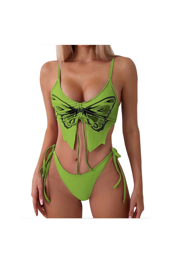 Womens Sexy Butterfly Print Bikinis Two Pieces Swimsuits Spaghetti Strap Tie Triangle Bathing Suit Swimwear