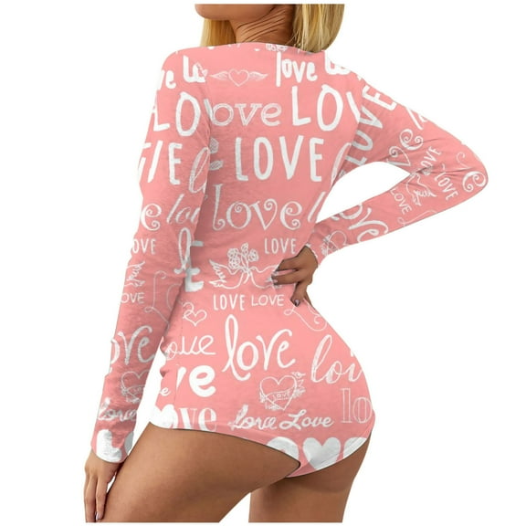 Generic Womens Sexy Deep V Neck One Piece Pajamas Onesie Bodycon Rompers Pjs Love Print