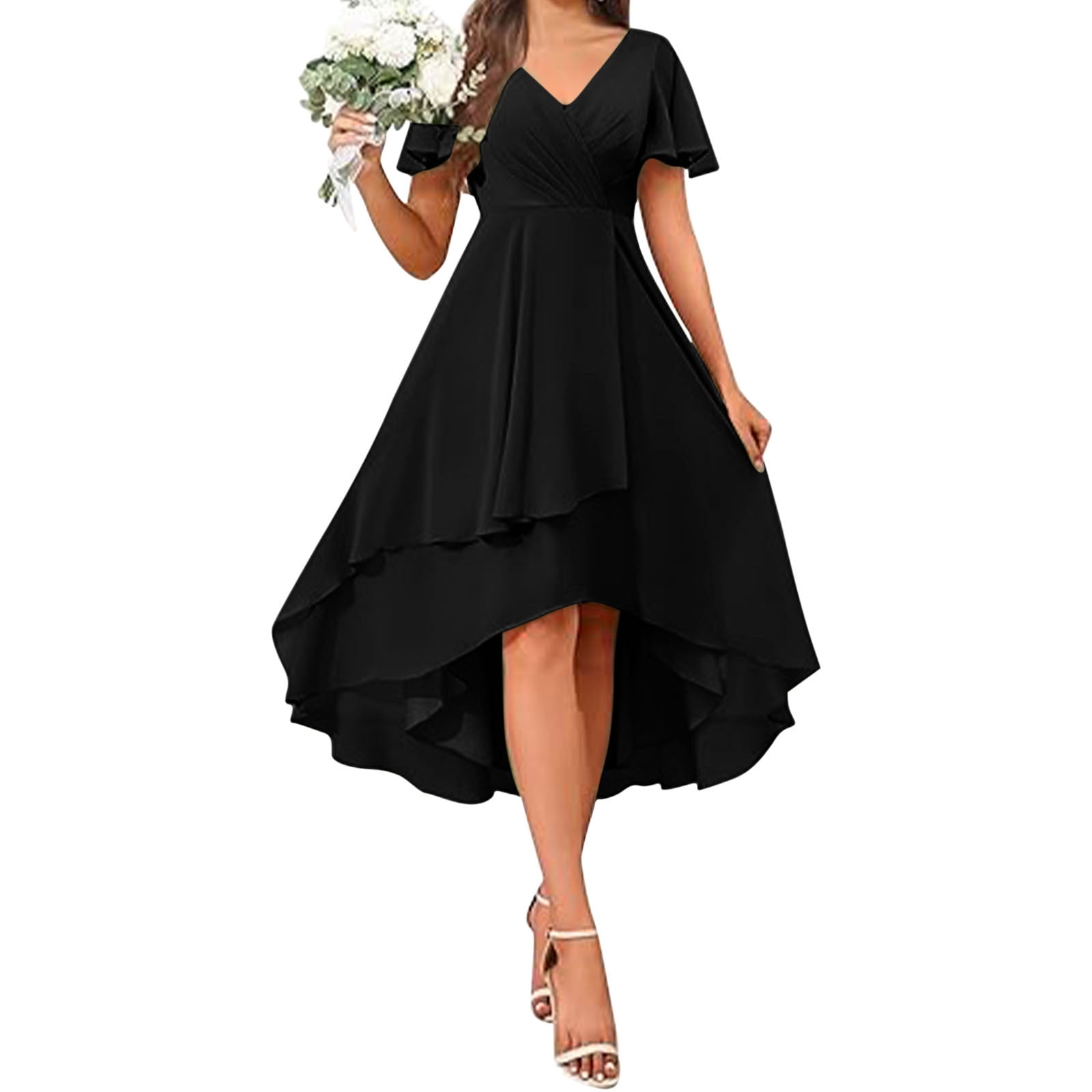 black tea length bridesmaid dresses Black Satin Chiffon Spaghetti Strap A-line Tea Length Bridesmaid Dresses,  CB0013 main image 0