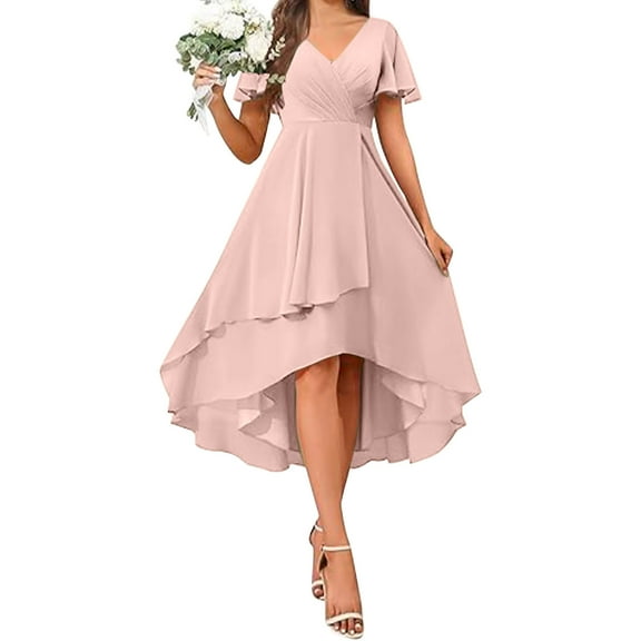 Generic Womens Short Bridesmaid Dresses Chiffon A Line Flutter Sleeve High Low Ruched Flowy Wedding Guests Party Prom Dress