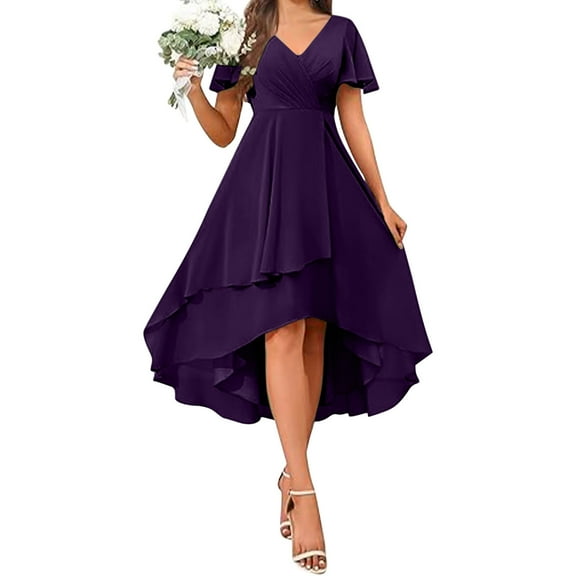 Generic Womens Short Bridesmaid Dresses Chiffon A Line Flutter Sleeve High Low Ruched Flowy Wedding Guests Party Prom Dress