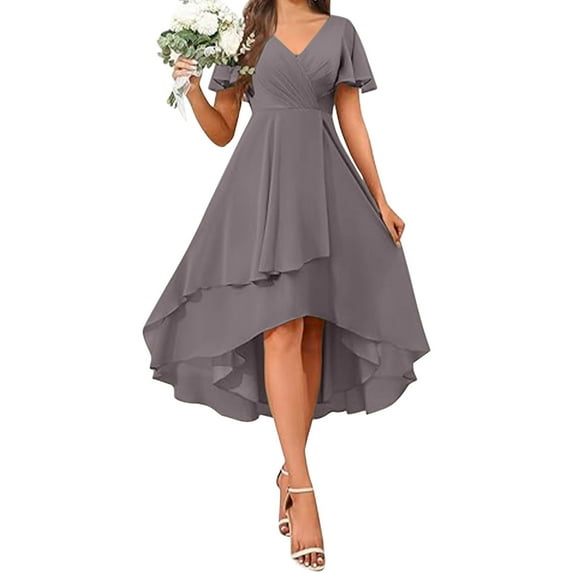 Generic Womens Short Bridesmaid Dresses Chiffon A Line Flutter Sleeve High Low Ruched Flowy Wedding Guests Party Prom Dress