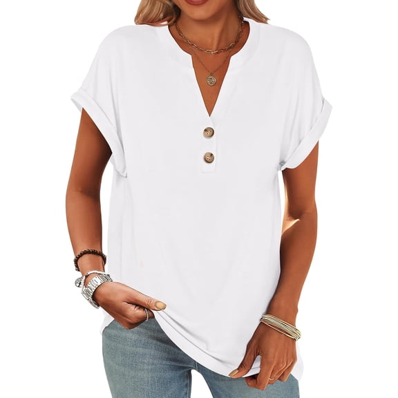 Generic Womens Short Sleeve Henley Tops V Neck Dressy Casual Blouses Summer Trendy Tee Shirts 2026 Vacation Fashion Clothes