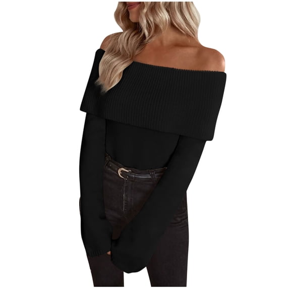 Generic Womens Solid Off Shoulder Sweater Long Sleeve Knitted Cropped Trendy Pullover Slouchy Fold Over Jumper Tops