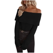 Generic Womens Solid Off Shoulder Sweater Long Sleeve Knitted Cropped Trendy Pullover Slouchy Fold Over Jumper Tops