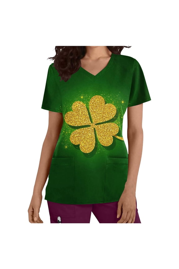 Womens St. Patricks Day Scrub Tops Irish Shamrock Holiday Shirts V Neck Short Sleeve Nursing Uniform with Pockets
