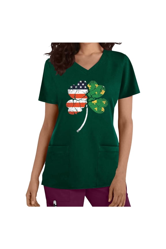 Womens St. Patricks Day Scrub Tops Irish Shamrock Holiday Shirts V Neck Short Sleeve Nursing Uniform with Pockets