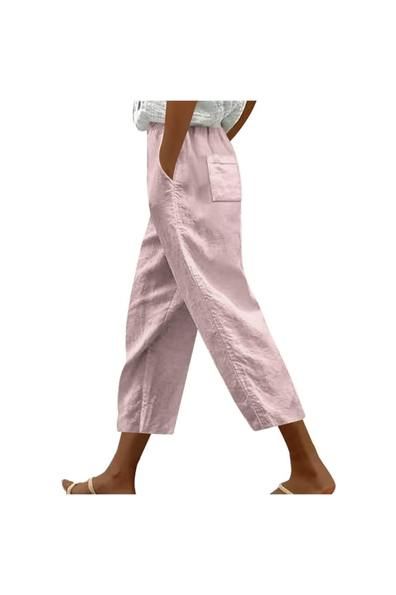Womens Straight Leg Linen Pants 2026 Summer Casual High Waisted Capri Pants Cropped Y2k Boho Beach Pants with Pockets
