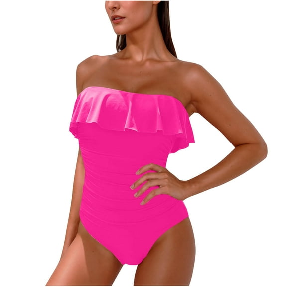 Generic Womens Strapless One Piece Swimsuits Tummy Control Bathing Suits Flowy Ruffle Trim Ruched Slimming Swimwear