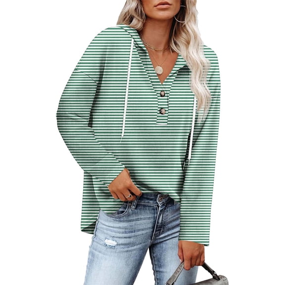 Generic Womens Striped Hoodies Button Up Henley V Neck Long Sleeve Shirts Fall Drawstring Comfy Sweatshirt Lightweight Pullover