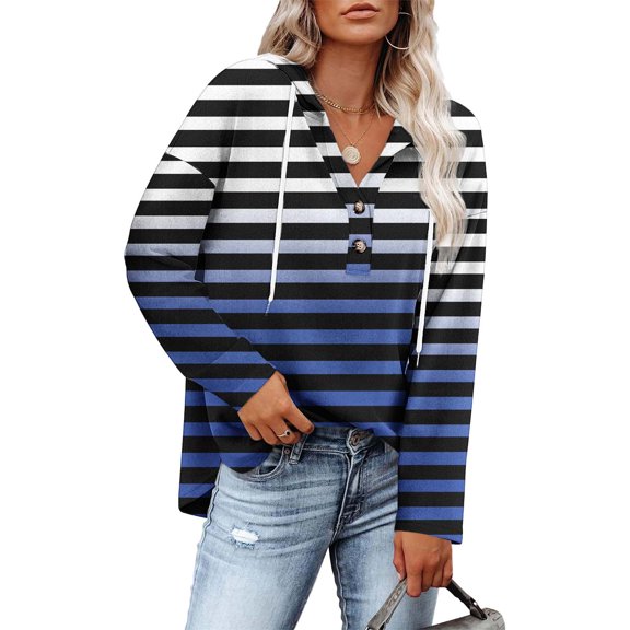Generic Womens Striped Hoodies Button Up Henley V Neck Long Sleeve Shirts Fall Drawstring Comfy Sweatshirt Lightweight Pullover