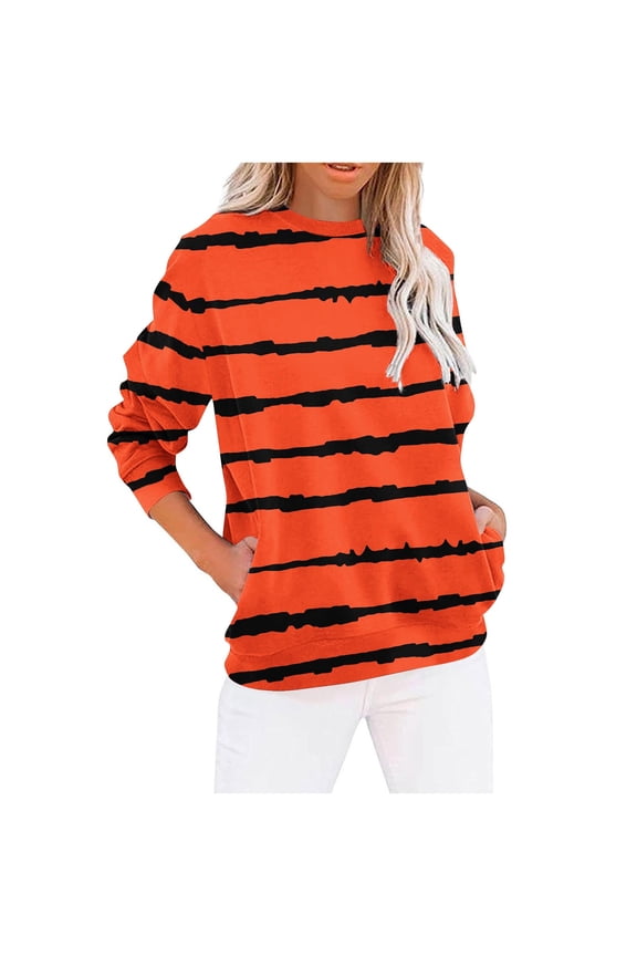 Womens Striped Long Sleeve Shirt Crew Neck Tops Breton Loose Fit Tshirt with Pockets