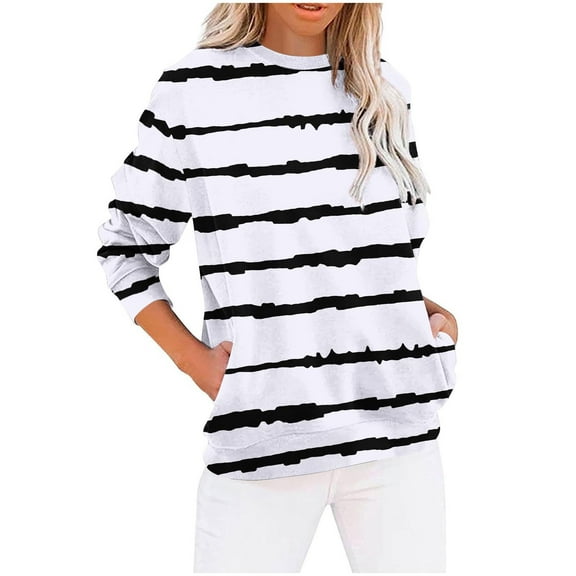 Generic Womens Striped Long Sleeve Shirt Crew Neck Tops Breton Loose Fit Tshirt with Pockets
