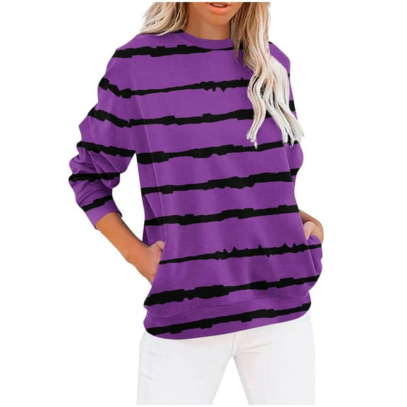 Generic Womens Striped Long Sleeve Shirt Crew Neck Tops Breton Loose Fit Tshirt with Pockets