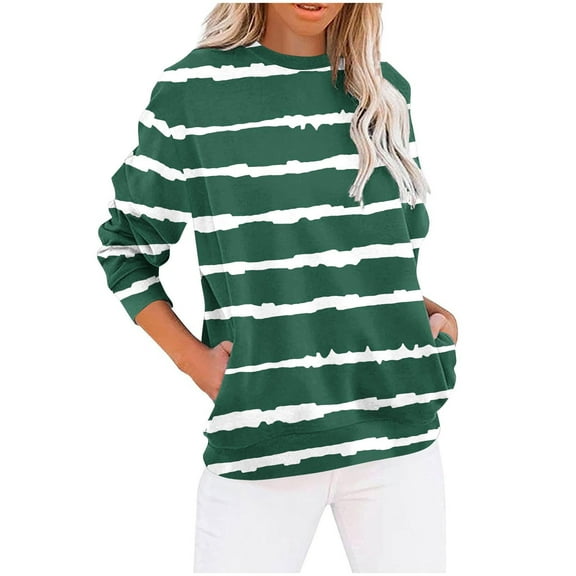 Generic Womens Striped Long Sleeve Shirt Crew Neck Tops Breton Loose Fit Tshirt with Pockets