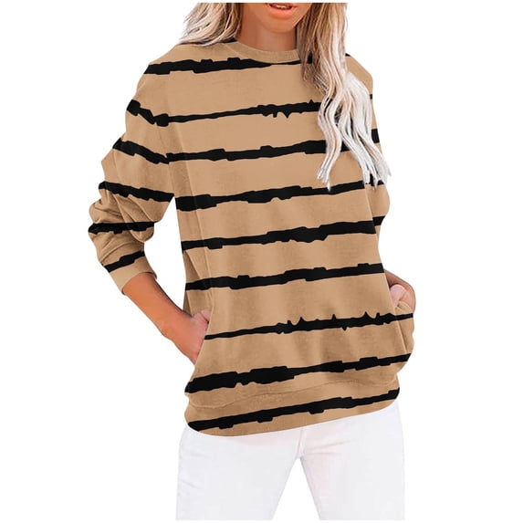 Generic Womens Striped Long Sleeve Shirt Crew Neck Tops Breton Loose Fit Tshirt with Pockets