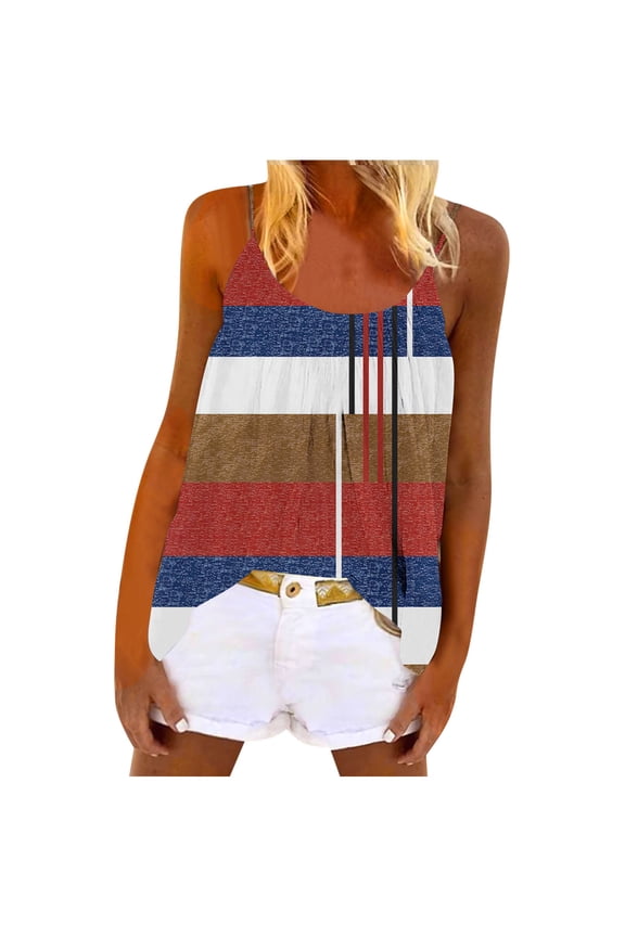 Womens Striped Print Tank Tops Comfy Loose Casual Camisoles Round Neck Sleeveless Pleated Color Block Cami Tops