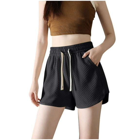 Generic Womens Summer Athletic Shorts Textured Solid Color Elastic Waisted Short Loose Casual Workout Shorts with Pockets