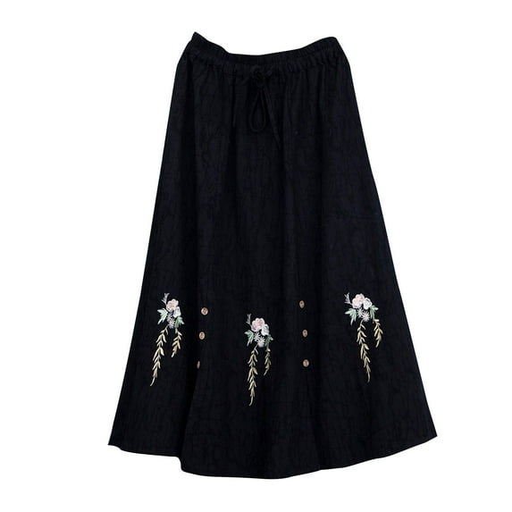 Generic Womens Summer Cotton Linen Skirts Casual Plus Size High Waisted Drawstring Vintage Floral Embroidered Midi Skirt