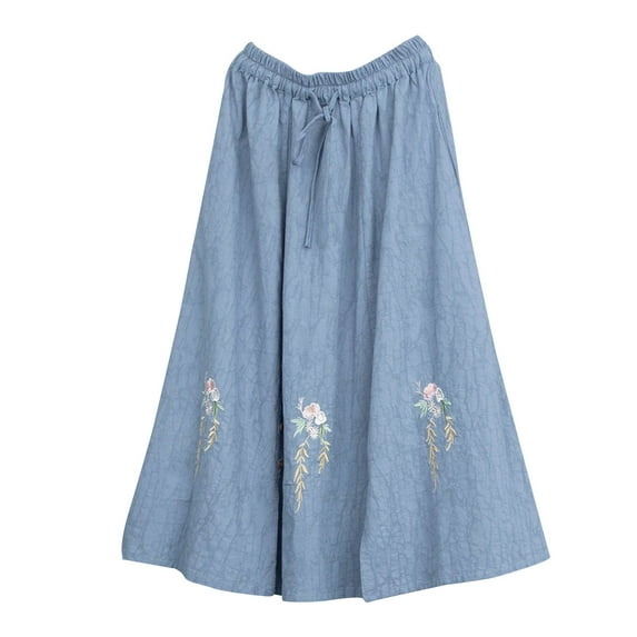 Generic Womens Summer Cotton Linen Skirts Casual Plus Size High Waisted Drawstring Vintage Floral Embroidered Midi Skirt
