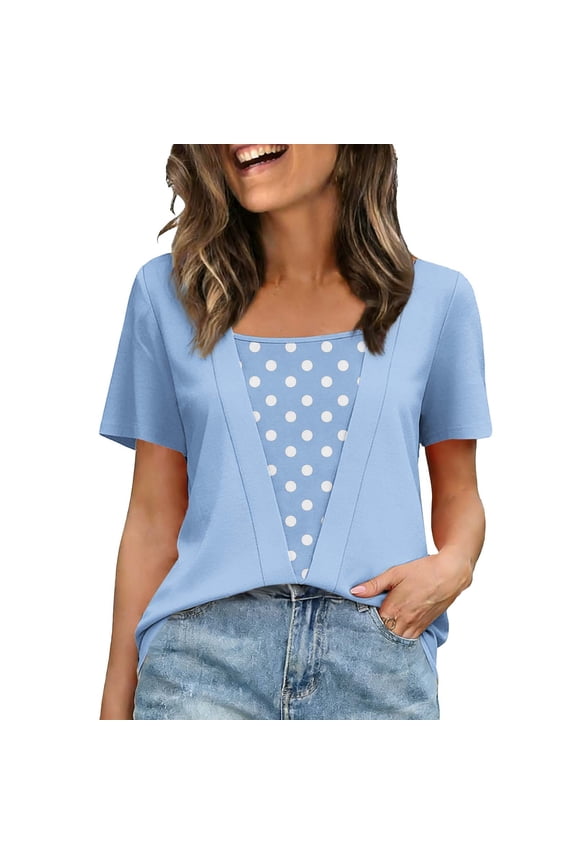 Womens Summer Fashion Tops Trendy 2 in 1 Blouses Short Sleeve Shirts Casual T Shirts Beach Vacation Clothes
