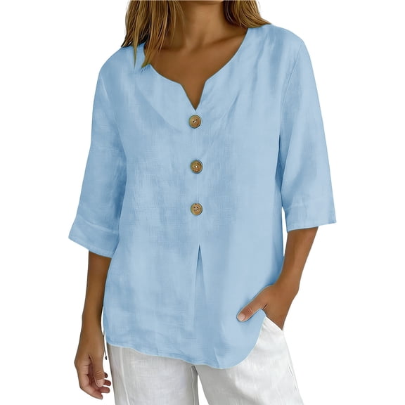 Generic Womens Summer Linen Shirts 3/4 Length Sleeve Blouses V Neck Button Down T-Shirt Loose Fit Lightweight Spring Tops