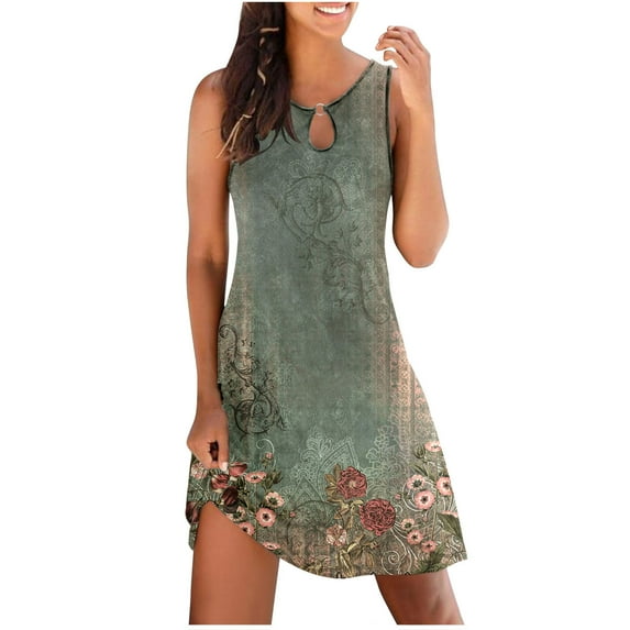 Generic Womens Summer Tank Dresses Sleeveless Round-Neck Fashion Style Print Dress Loose Comfy Pleated Beach Sundress