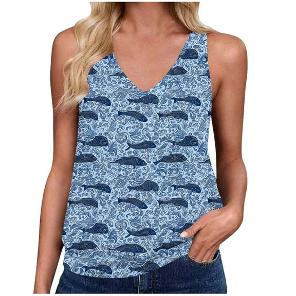 Generic Womens Summer Tank Tops Fashion Print V Neck Sleeveless Shirts Casual Loose Fit T Shirts Going Out Tunic Top