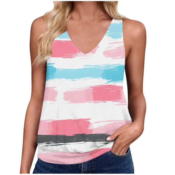 Generic Womens Summer Tank Tops Fashion Print V Neck Sleeveless Shirts Casual Loose Fit T Shirts Going Out Tunic Top